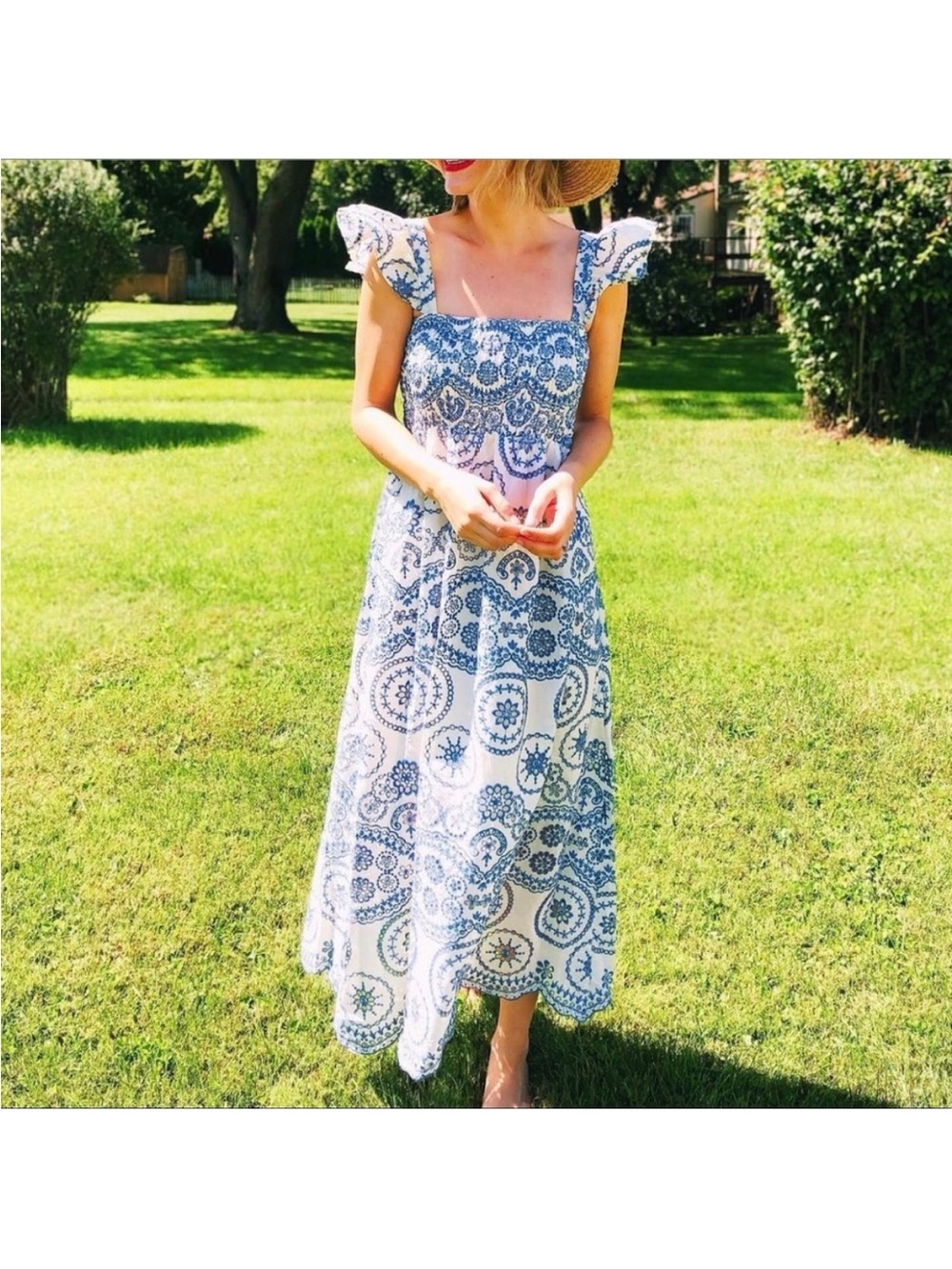 Chatham Eyelet Midi Smocked Open Back Dress